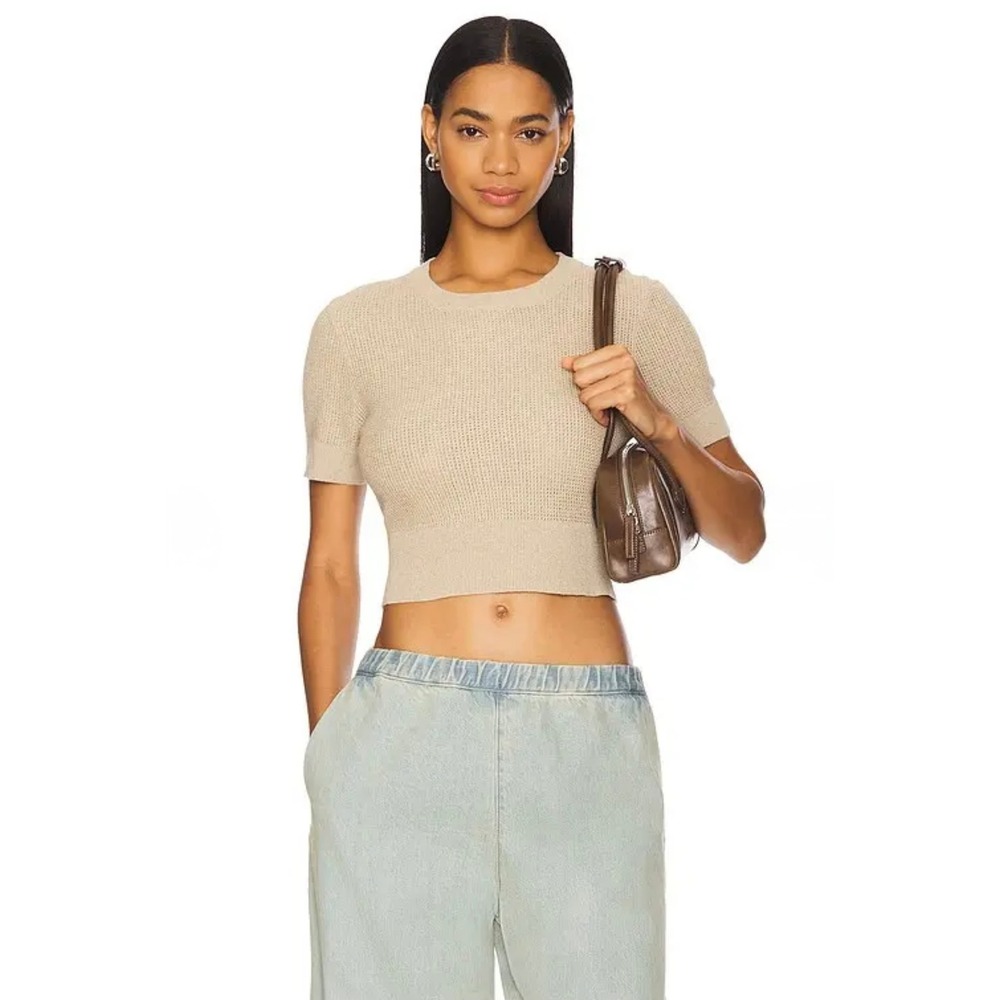ENZA COSTA Cropped Short Sleeve Sweater Women Small Tan Basalt Linen Cotton Knit